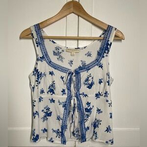 EUC Floral Tie Front Tank in Blue and White